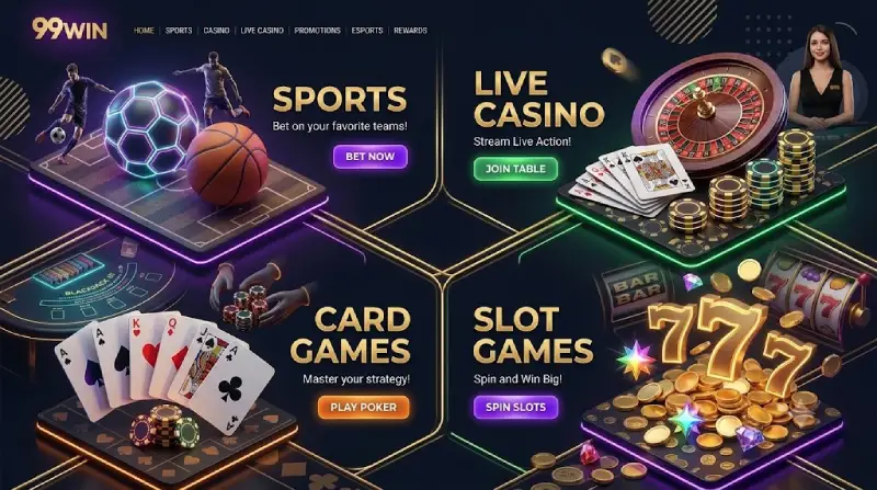 Các danh mục 99WIN casino, thể thao, game bài và slot game
